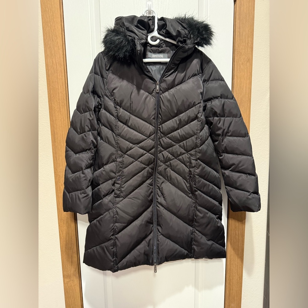 Kenneth Cole Reaction Women’s XL Quilted Puffer Jacket Hood Fur Trim Black